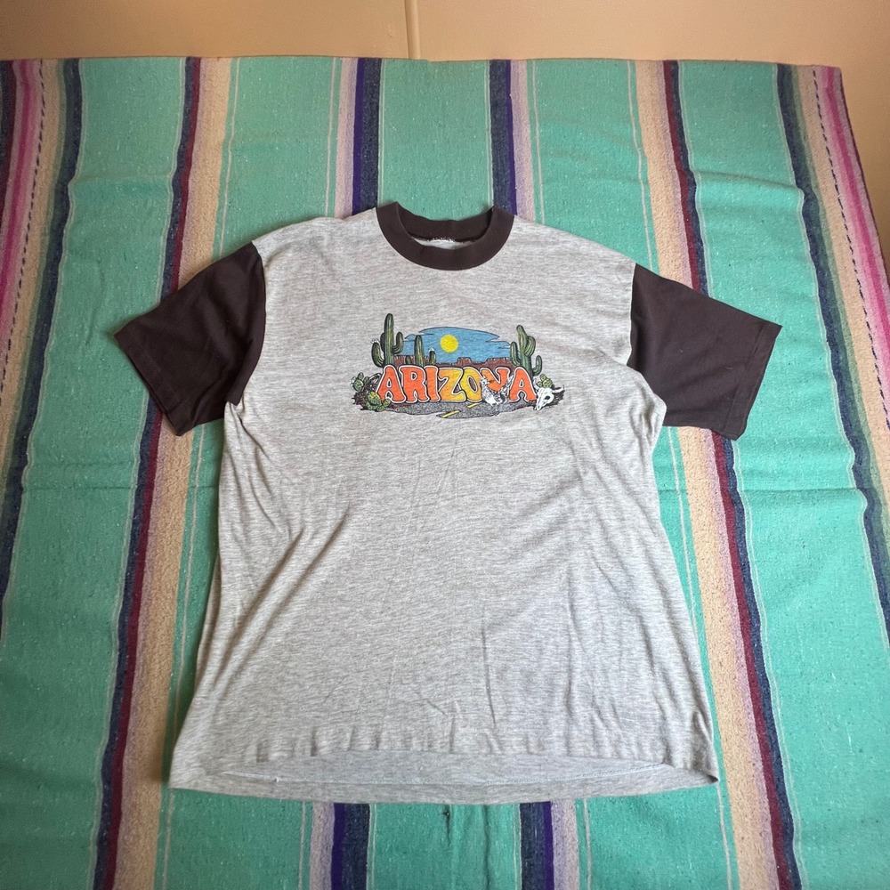 1970s Arizona Graphic T-Shirt Mens L Gray Brown Ringer Desert Souvenir Tee